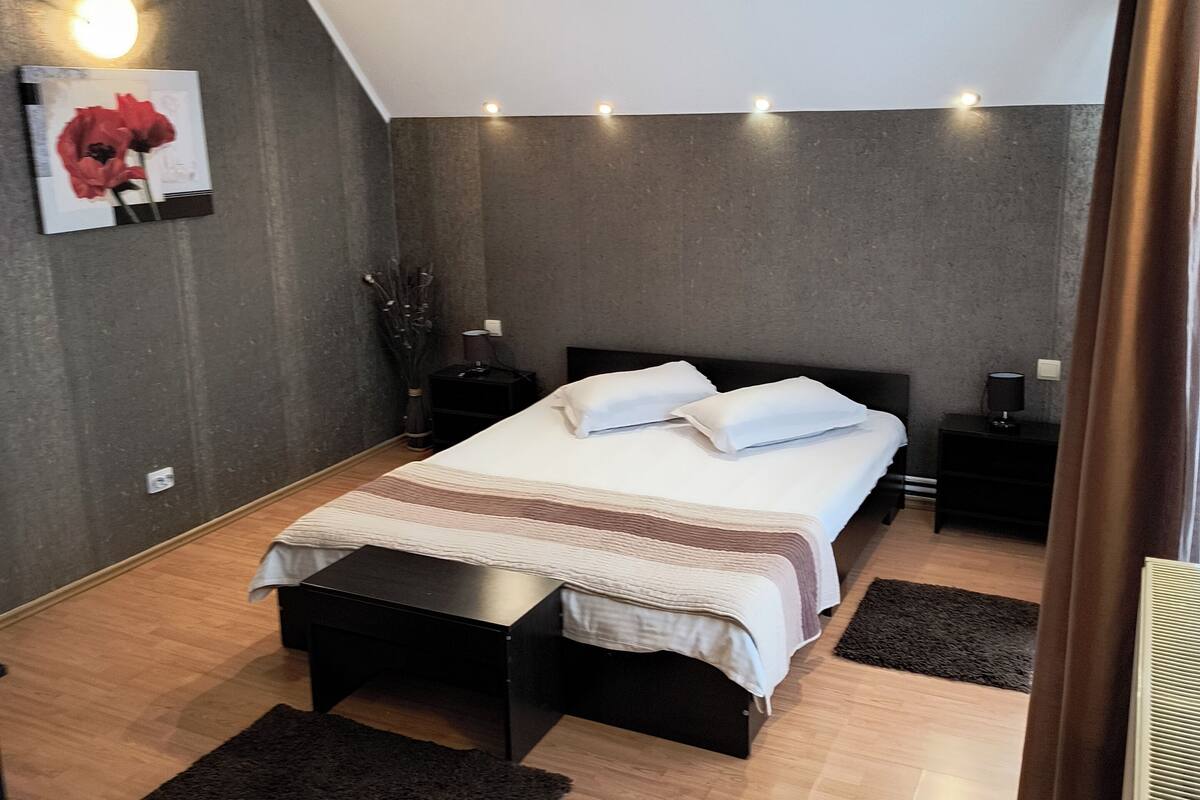 A modern bedroom with a bed, bedside tables, a nightstand, a wall-mounted light, and a framed picture.