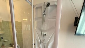 A glass-enclosed shower with a handheld showerhead, a white sink with a soap dispenser, and a wooden vanity with a mirror. - Pension Plattenhof - 11 (Telfs)