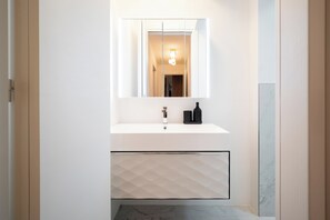 Shower, hair dryer, bidet, towels