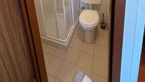 A bathroom with a shower enclosure, toilet, and a visible toilet paper roll.