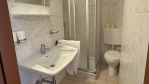 Baño con lavabo, espejo, inodoro y ducha.