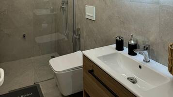 Hair dryer, towels, soap, toilet paper