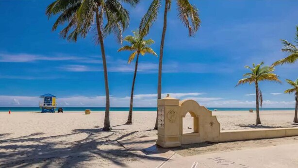 A beach with palm trees, a lifeguard tower, and a stone archway.