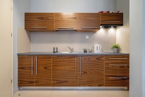 A modern kitchen with wooden cabinetry, a stainless steel sink, and a potted plant. - RentPlanet - Apartamenty Brzozowa (Zakopane)