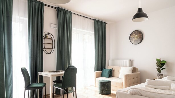 Een moderne hotelkamer met een zithoek, een bank, een bed en een potplant.