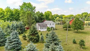 A white house with a large yard surrounded by evergreen trees. - Christmas Tree Farm - Evergreen Escape (Berrien Center)