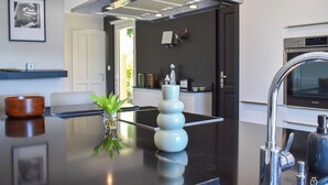Una cocina moderna con encimera negra, electrodomésticos de acero inoxidable y un florero decorativo con plantas verdes.