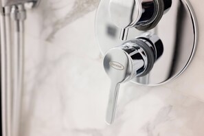 Shower, hair dryer, bidet, towels