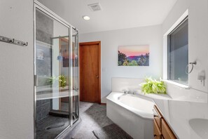Shower, hair dryer, towels