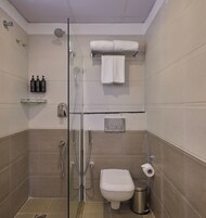 Shower, hair dryer, slippers, towels