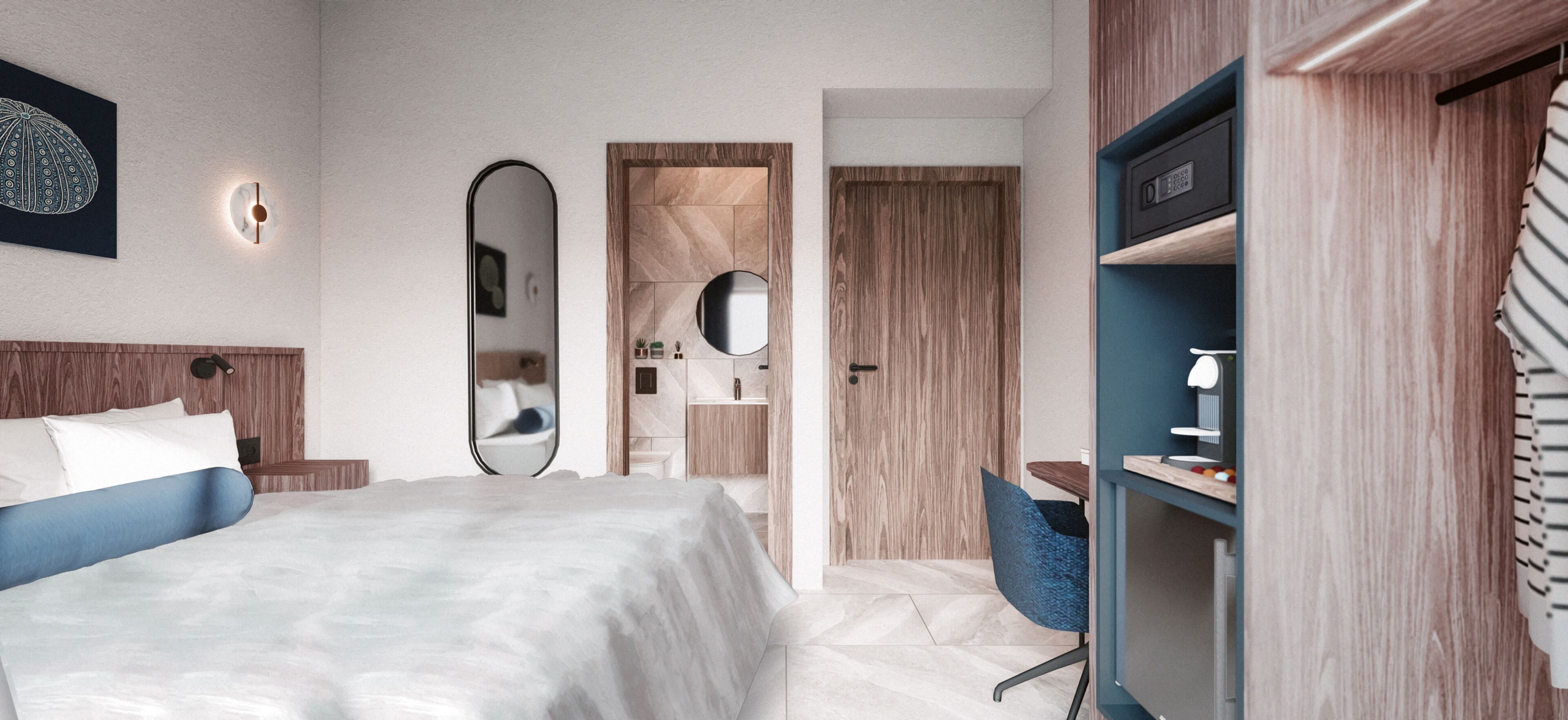 Une chambre d’hôtel moderne équipée d’un grand lit, d’un bureau, d’un miroir et d’une armoire.