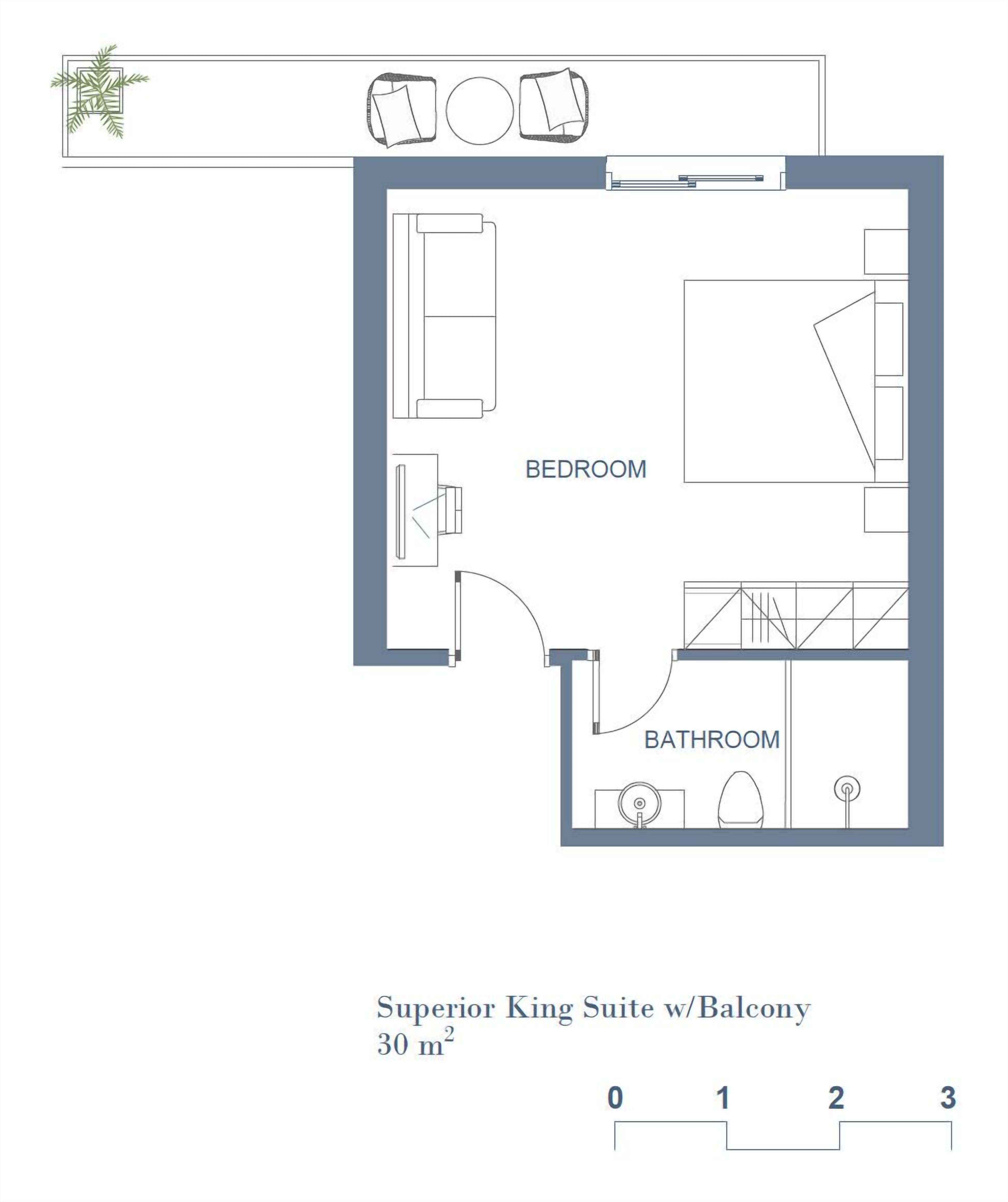 Grundriss einer Superior King Suite mit Balkon, einschließlich Schlafzimmer und Bad.