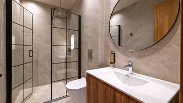 A modern bathroom with a glass shower enclosure, a white toilet, a wooden vanity, and a large mirror.