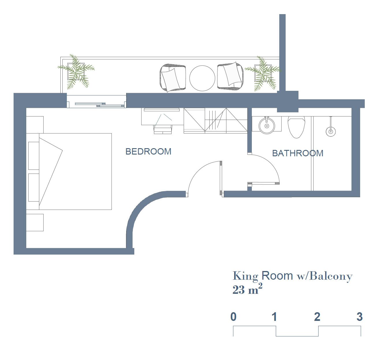 Plano de planta de una habitación de hotel con dormitorio, baño y suite con balcón.