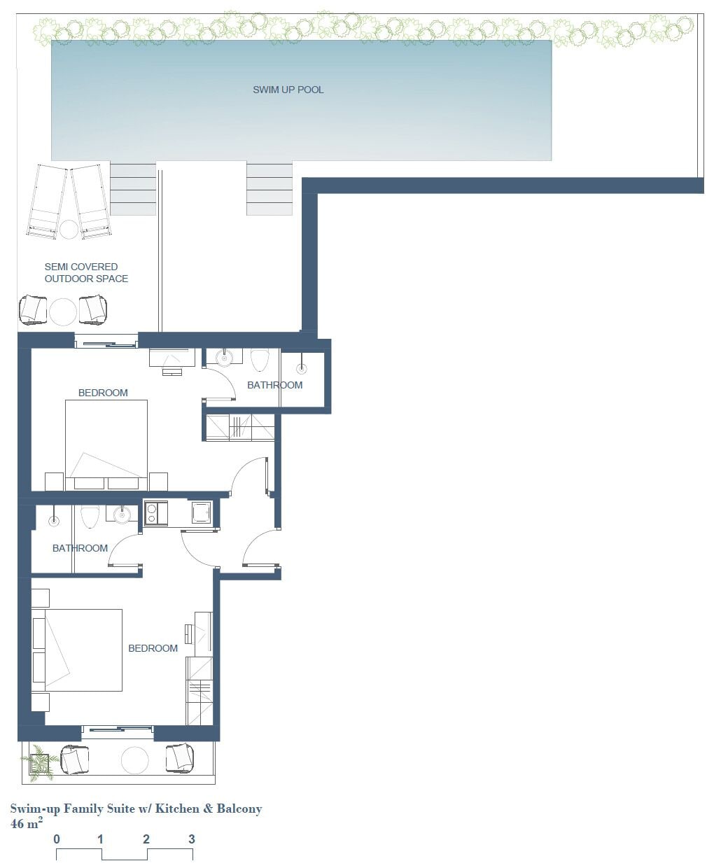 A floor plan of a swim-up family suite with a kitchen and balcony, including two bedrooms, two bathrooms, and a semi-covered outdoor space.