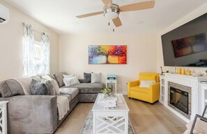 Smart TV, fireplace, books