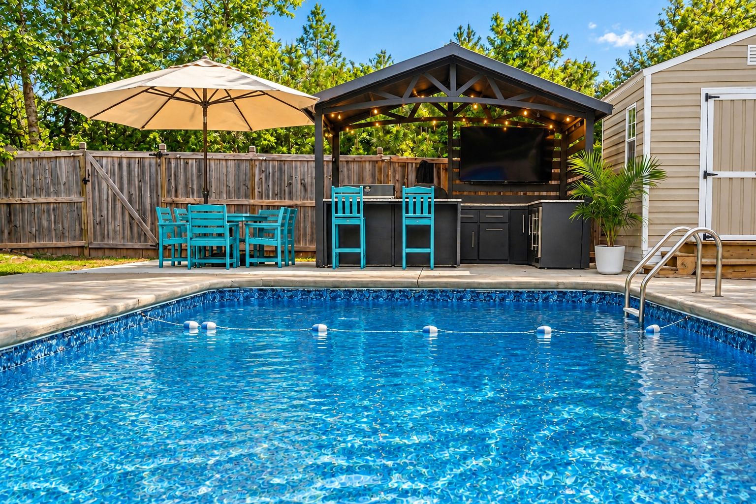 Une piscine avec un patio couvert, du mobilier d’extérieur et un barbecue.