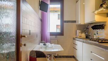 Full-sized fridge, microwave, oven, cookware/dishes/utensils