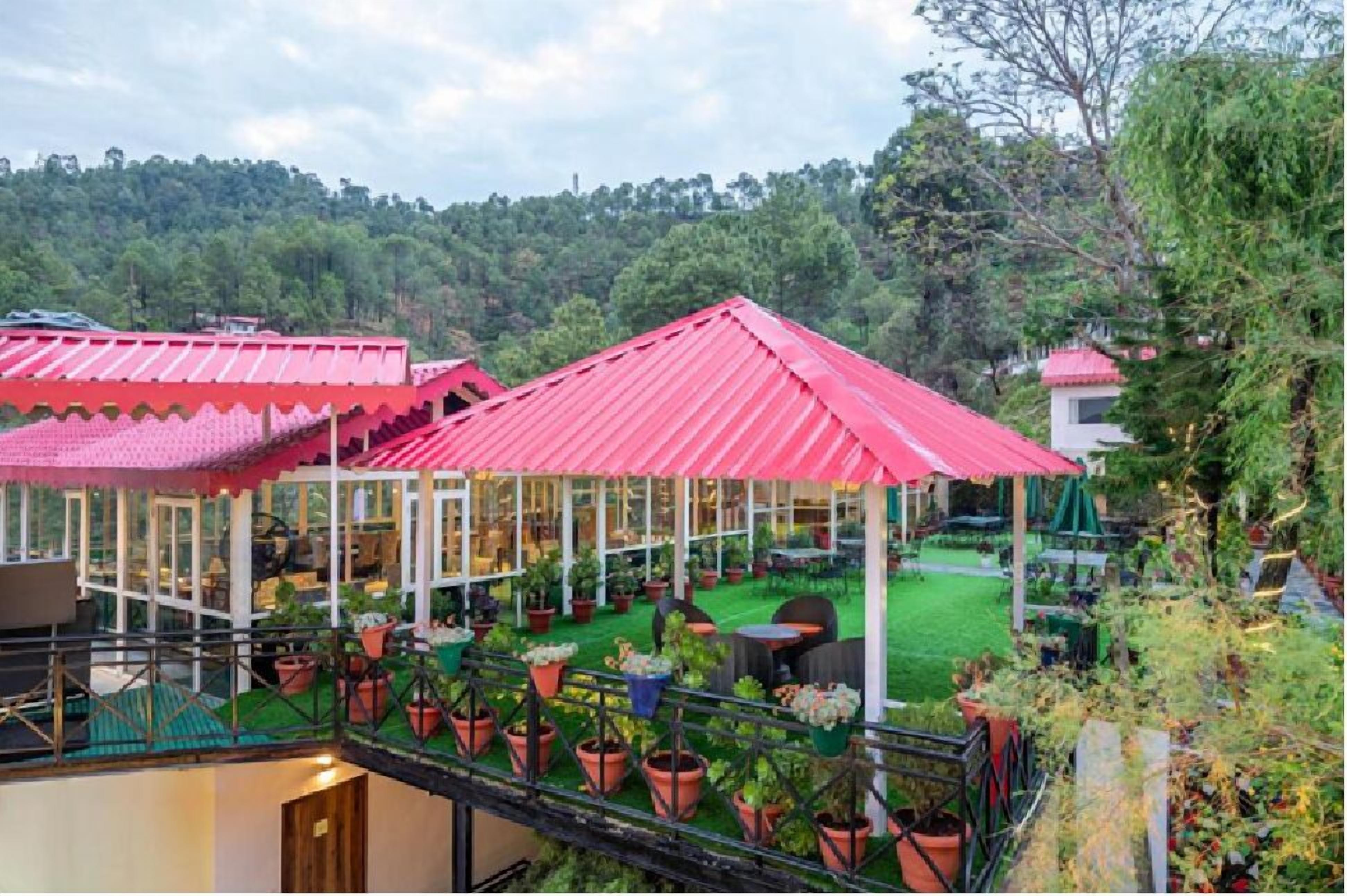 A covered outdoor seating area with tables and chairs, surrounded by potted plants and a view of a forested hillside.