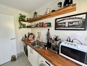 Fridge, microwave, coffee/tea maker, electric kettle
