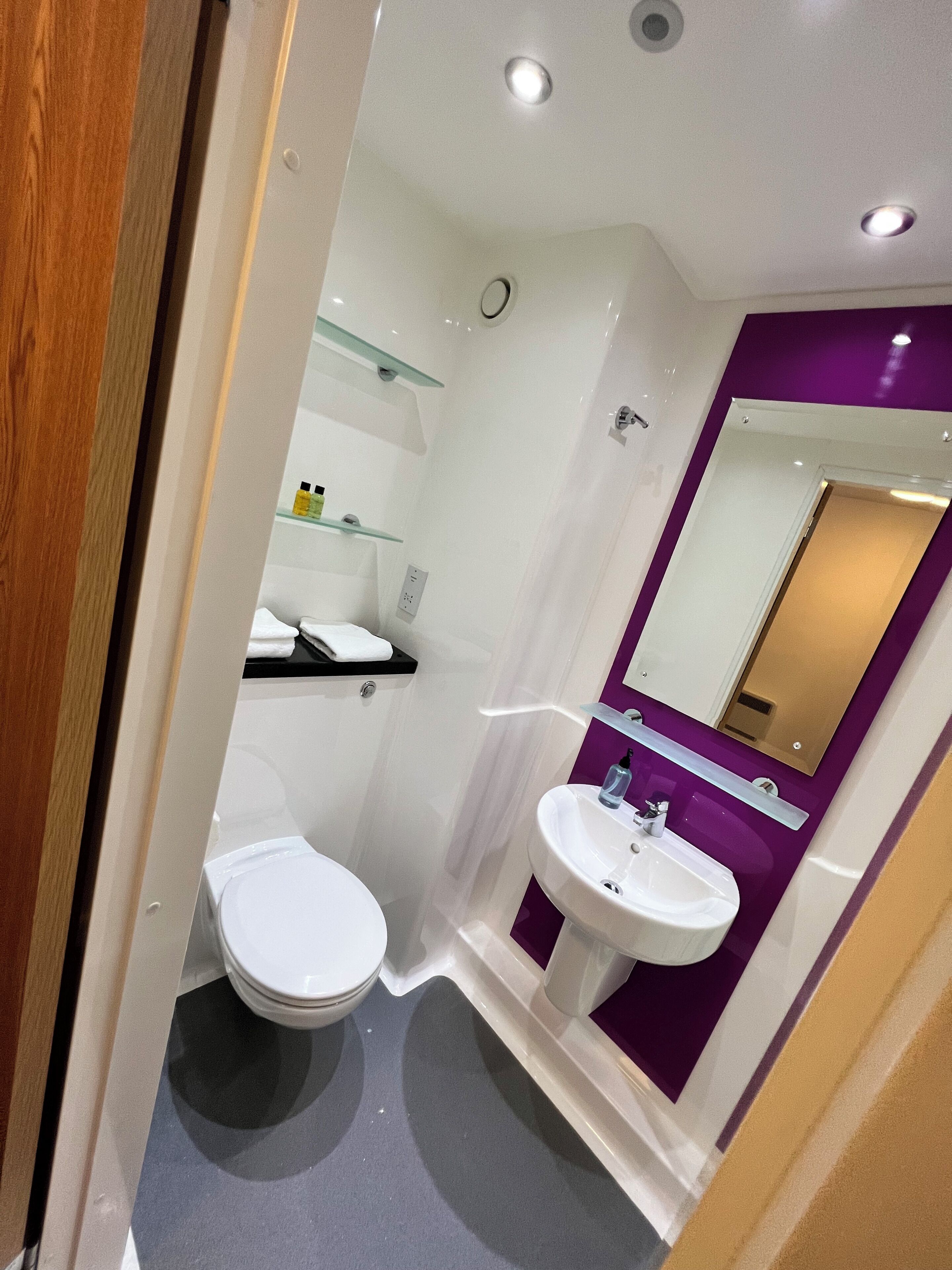 A compact bathroom with a white toilet, a pedestal sink, and a mirror above the sink.