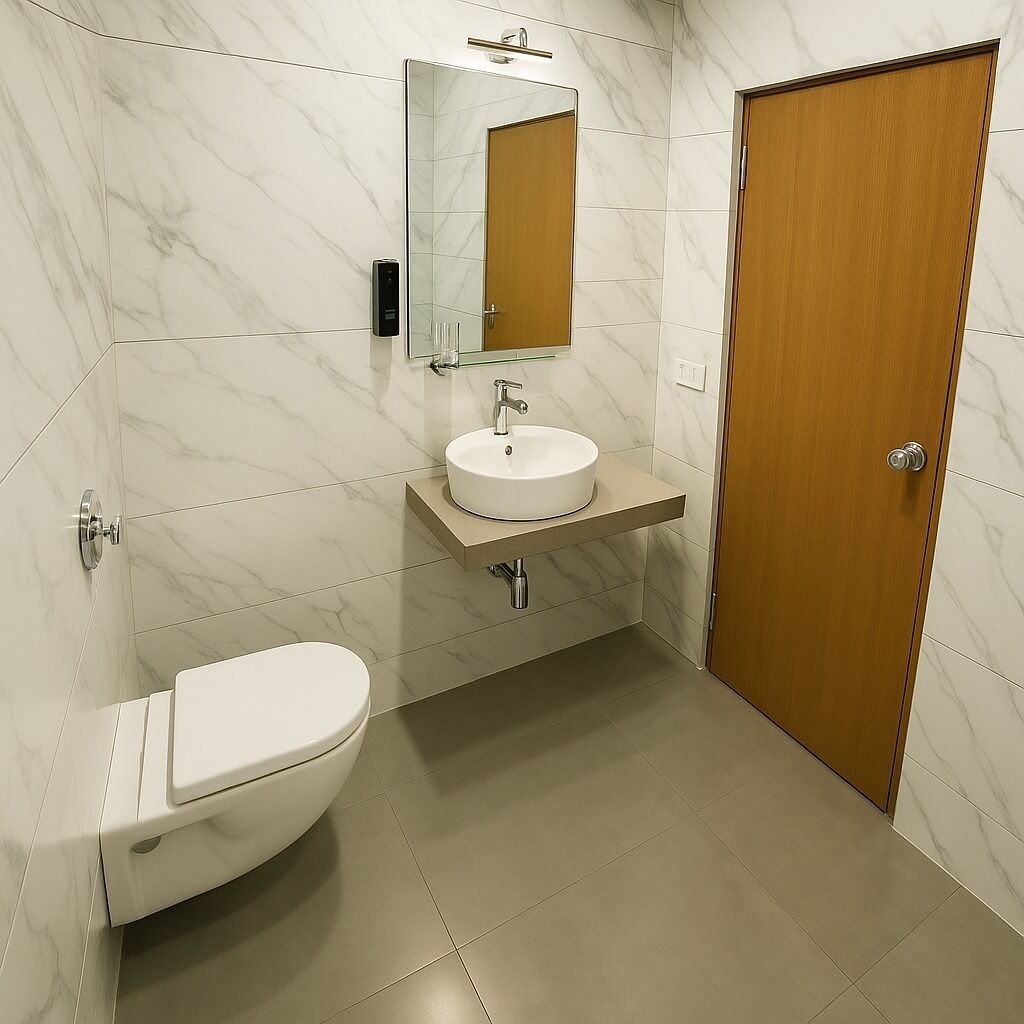A bathroom with a toilet, sink, and mirror.