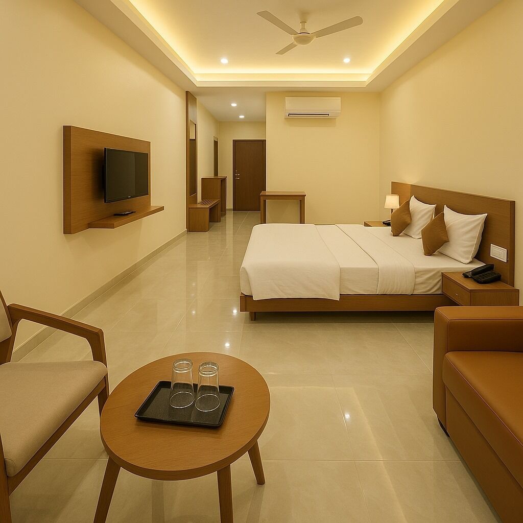 A hotel room with a bed, a TV mounted on the wall, a ceiling fan, a small table with glasses and a tray, and a sofa.