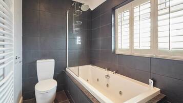 Shower, hair dryer, towels, shampoo