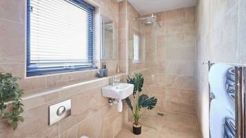 Shower, hair dryer, towels