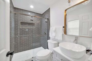 Shower, hair dryer, shampoo