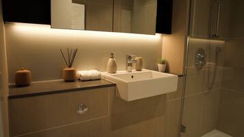 A modern bathroom with a glass-enclosed shower, a white sink, and a mirror above it.