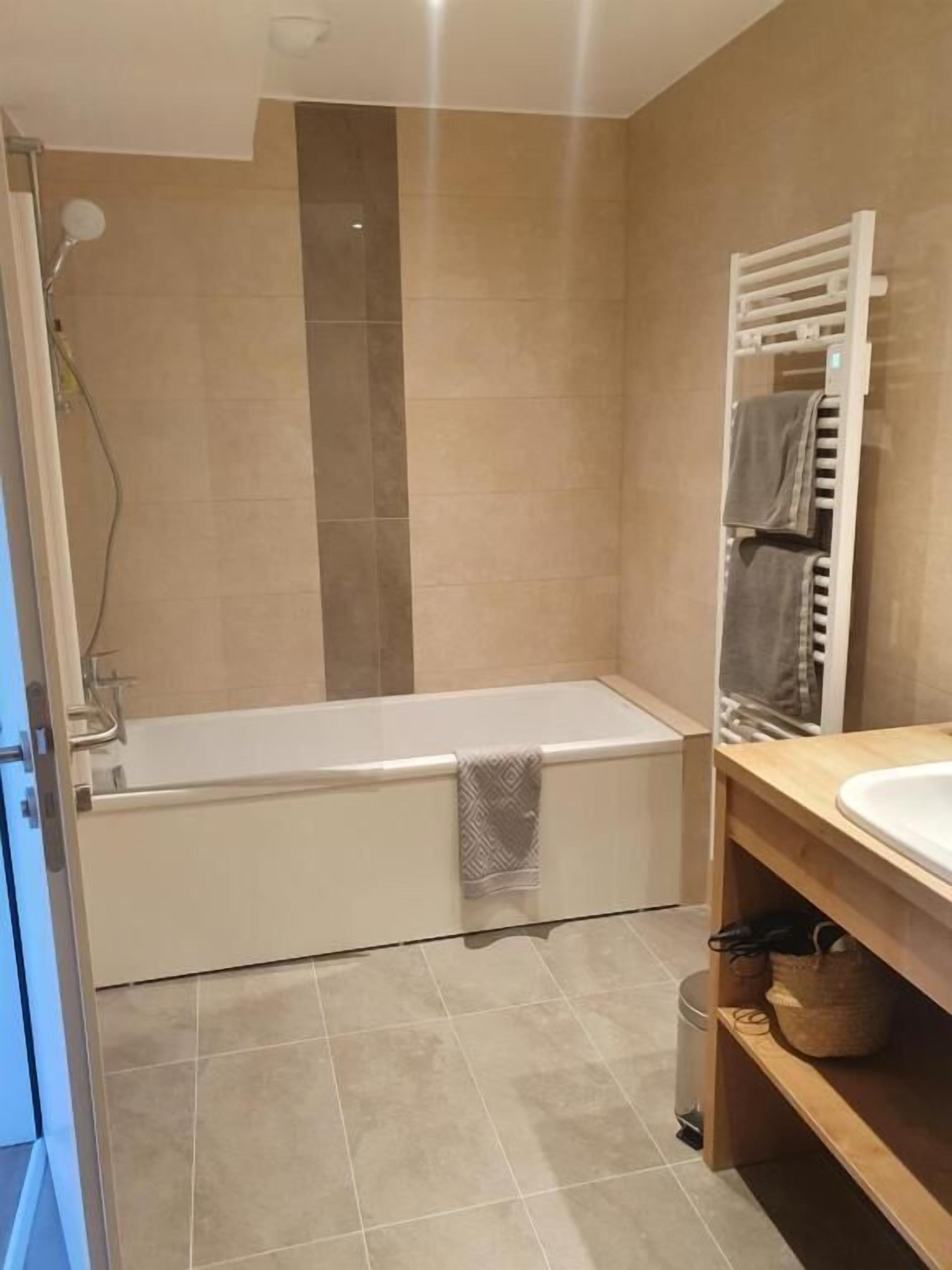 Hair dryer, towels, soap, shampoo