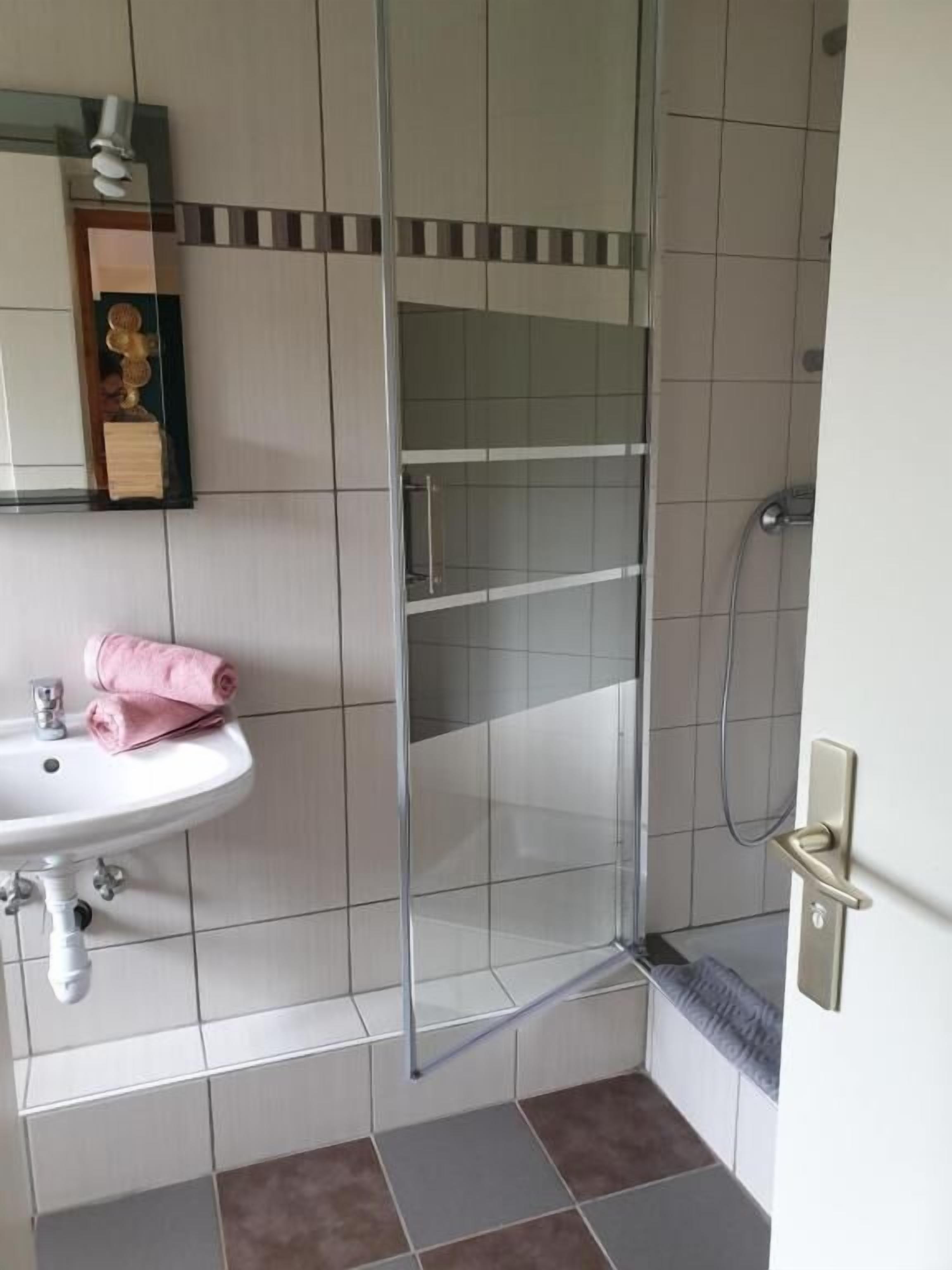 Een badkamer met een douchecabine van glas, een wastafel met een handdoek, en een spiegel boven de wastafel.