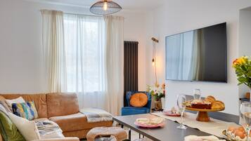 Smart TV, fireplace, books