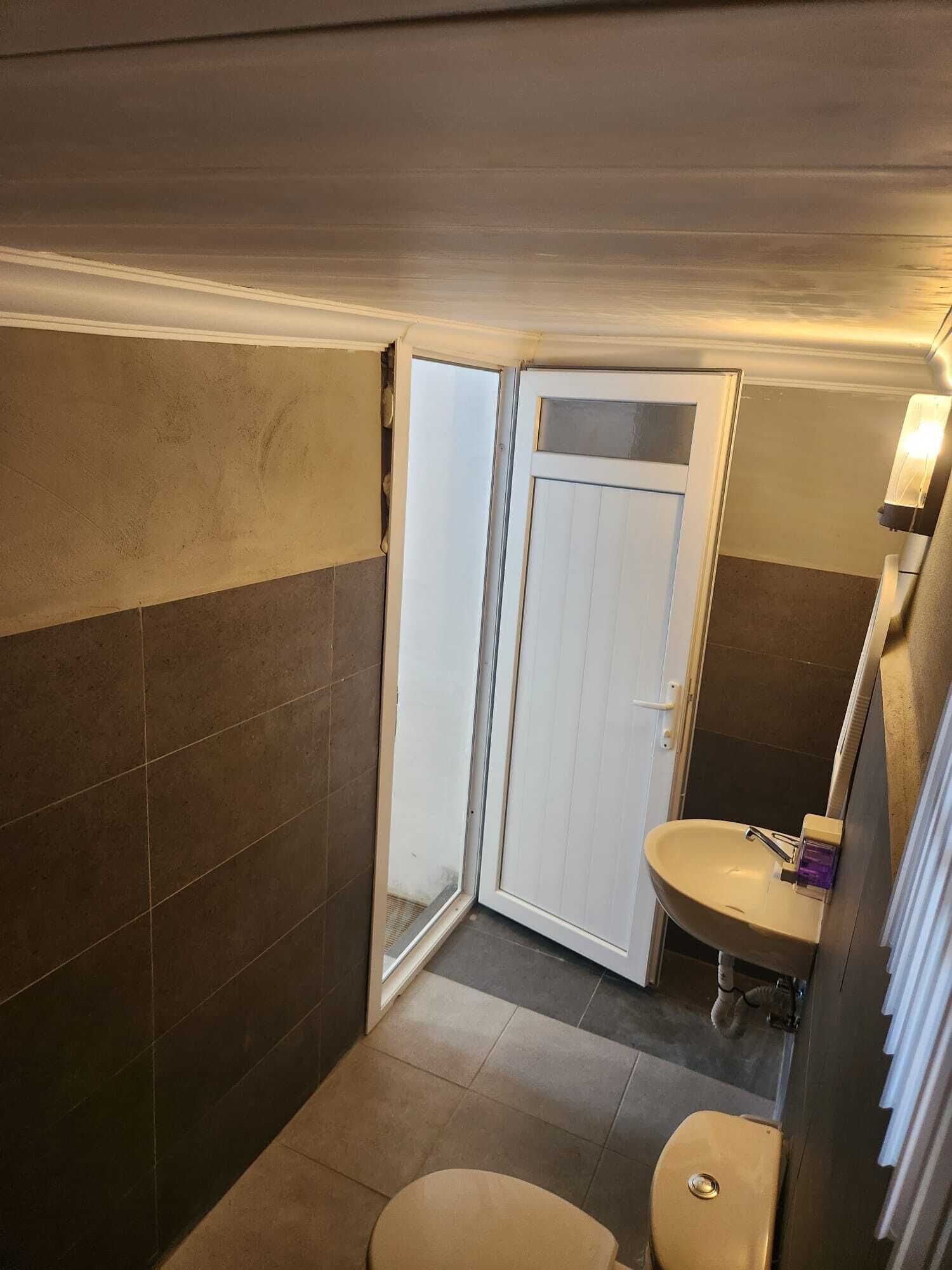 Un baño pequeño con inodoro, lavabo y zona de ducha.