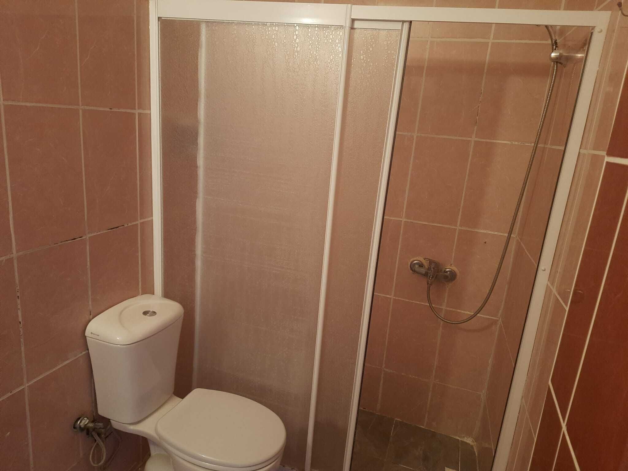 A small bathroom with a toilet, a shower stall, and tiled walls.