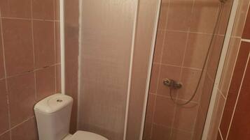 A small bathroom with a toilet, a shower stall, and tiled walls.
