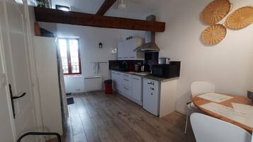 Fridge, microwave, stovetop, coffee/tea maker