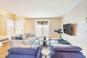 TV, fireplace, table football