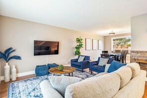 TV, fireplace, table football