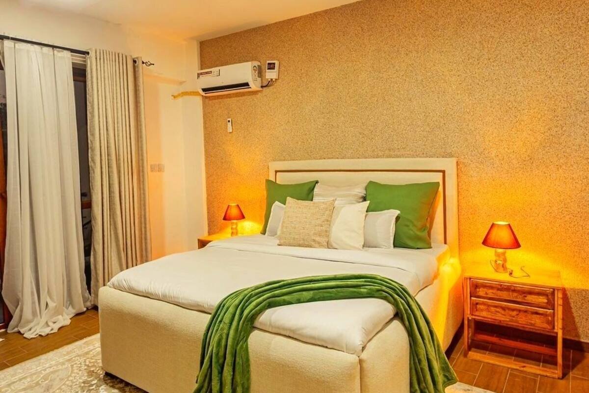 A bedroom with a bed, a ceiling fan, an air conditioning unit, a bedside lamp, and a patterned rug.