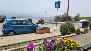 Een kustweg met geparkeerde auto's, een voetgangersoversteekplaatsbord en een rij bloembakken.