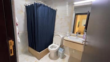 Shower, towels, soap, toilet paper