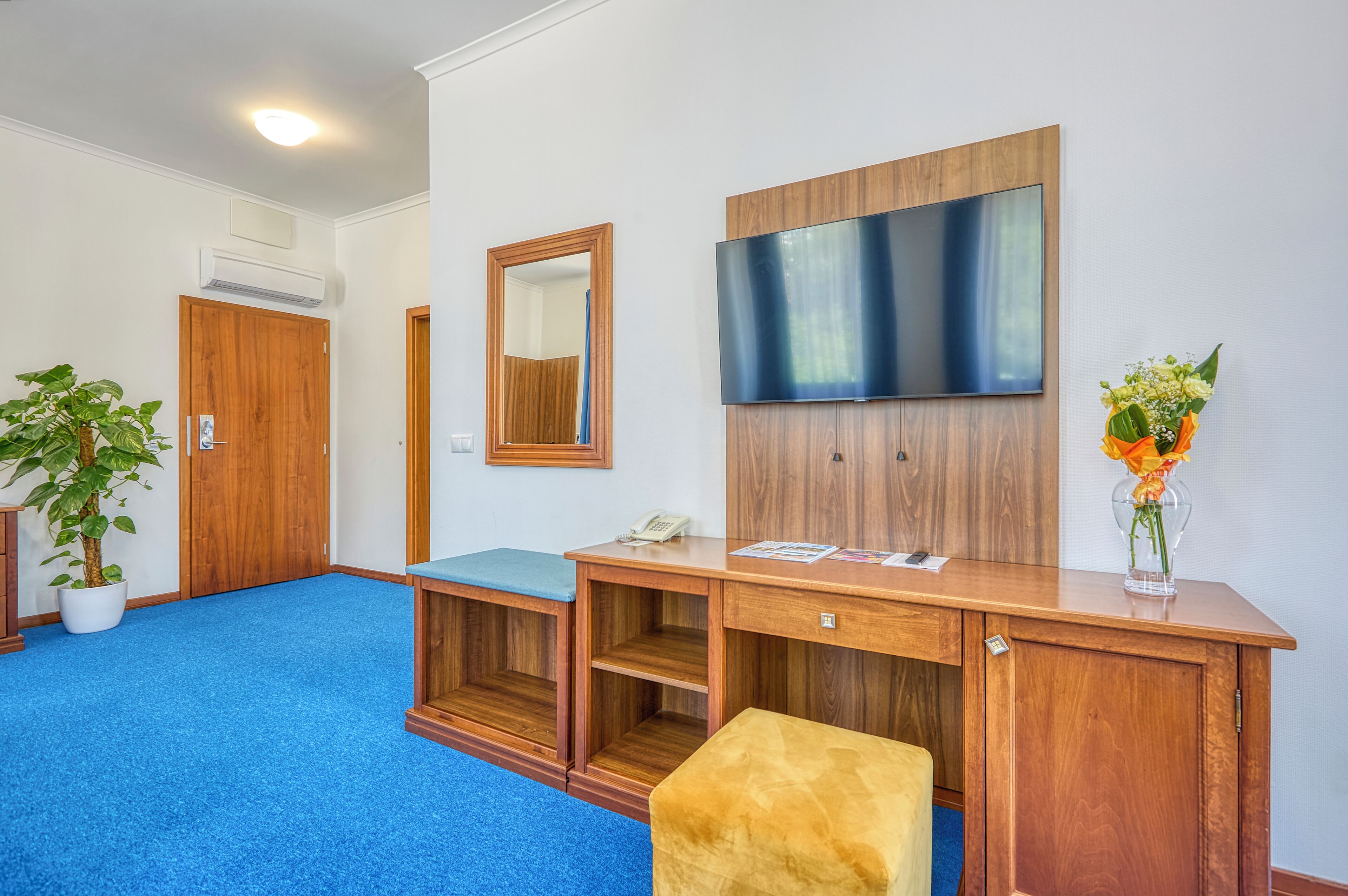 Habitación de hotel con un escritorio de madera, un televisor de pantalla plana montado en la pared, un espejo, un teléfono, una pequeña planta y un florero con flores.
