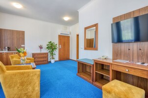 Habitación de hotel con alfombra azul, muebles de madera, un televisor de pantalla plana, un escritorio con teléfono y una planta en maceta.
