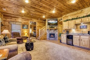 Smart TV, fireplace, foosball
