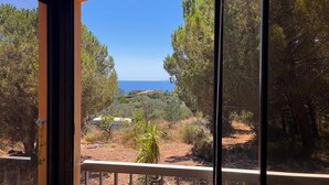 Un balcón con vista a un paisaje costero, que incluye árboles y una lejana perspectiva del mar.