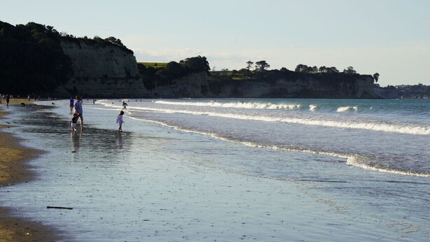 A beach with people walking along the shore, cliffs in the background, and waves approaching the beach.