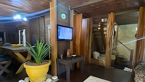 A cozy room with a wooden ceiling, a flat-screen TV mounted on the wall, a large potted plant, and a small table with a chair. - Linda casa na Praia de Cambury - SP - 4  (Sao Sebastiao)