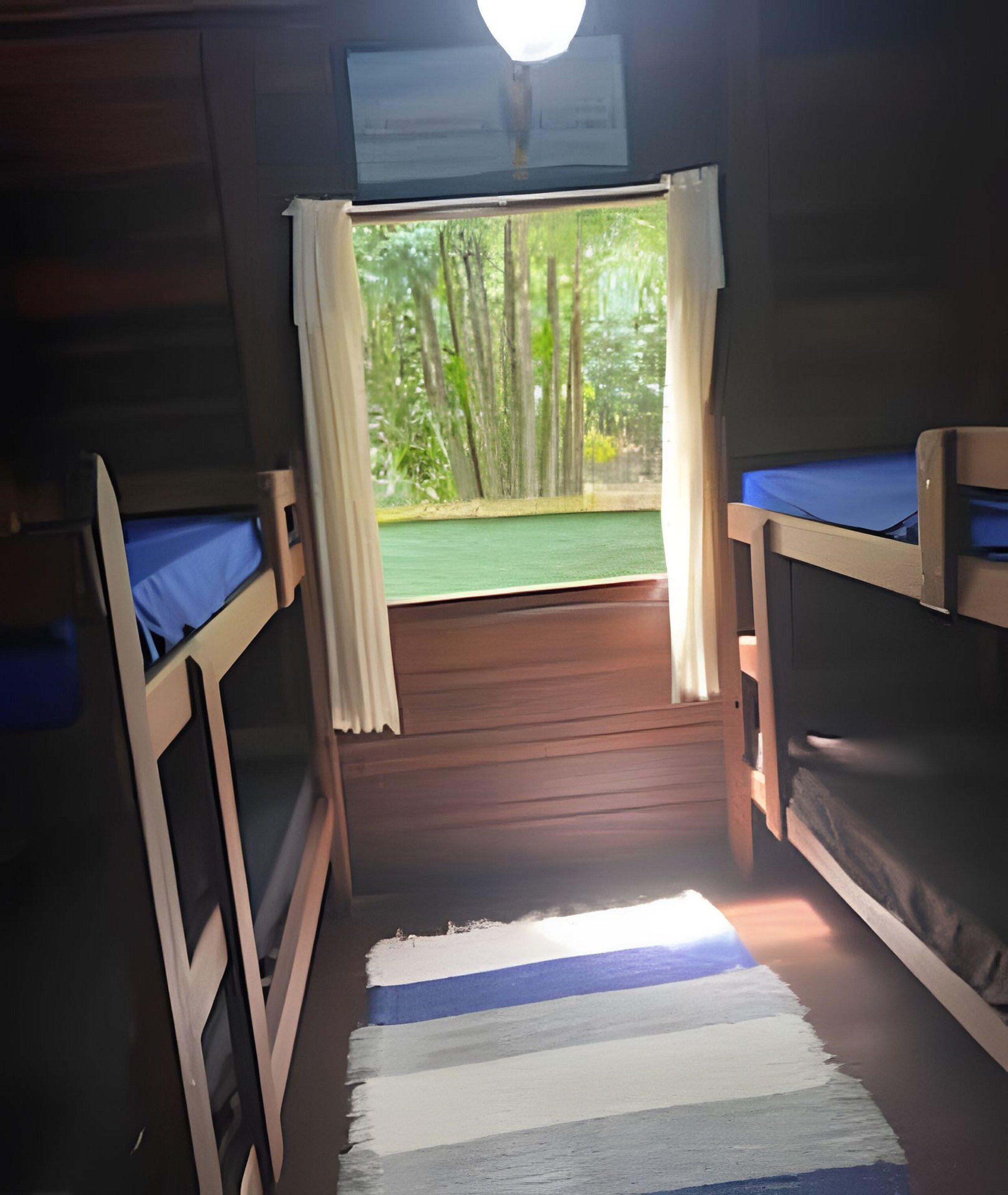 A room with bunk beds, a window with curtains, and a view of greenery outside.